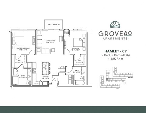 Floor plan for 2 beds, 2 baths, 1185 sqft